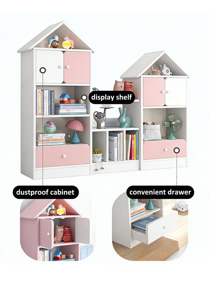 YY-Recheer Kids Bookshelf Storage Cabinet with Drawers, House-Shaped Bookcase with Dustproof Cabinet for Kids Bedroom Furniture - Image 2